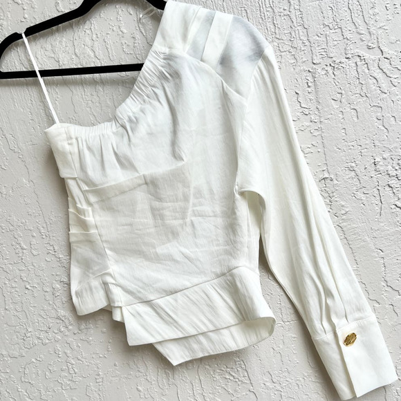 NWT Zara One Shoulder Asymmetrical Pleated Linen Blend Top White Women XS - Picture 4 of 8